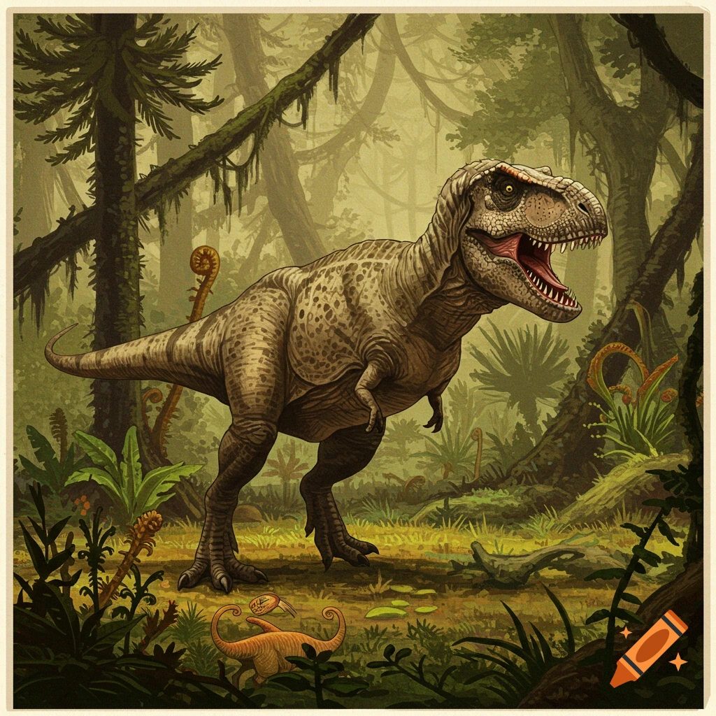 An illustration of a T-Rex in a prehistoric jungle.
