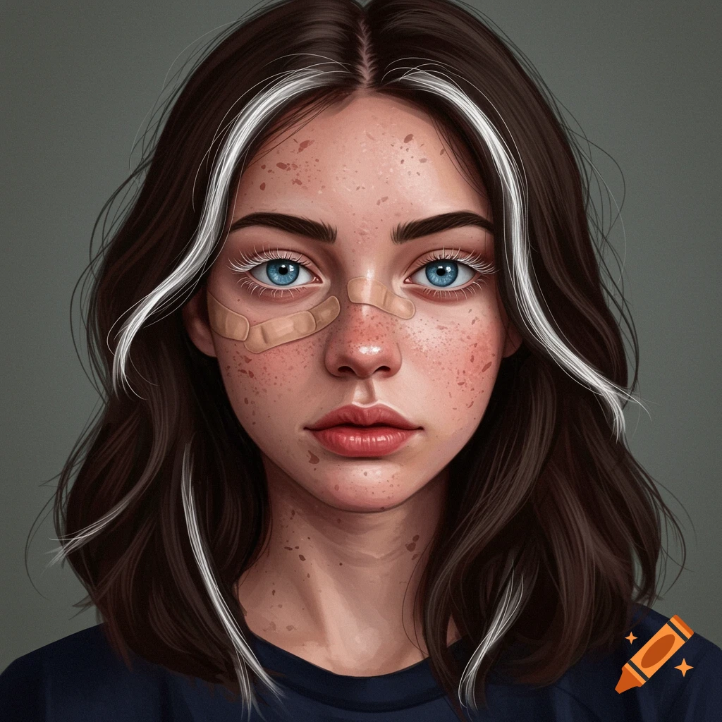 Portrait of young woman with dark hair, white streaks, blue eyes, freckles, bandages on nose.