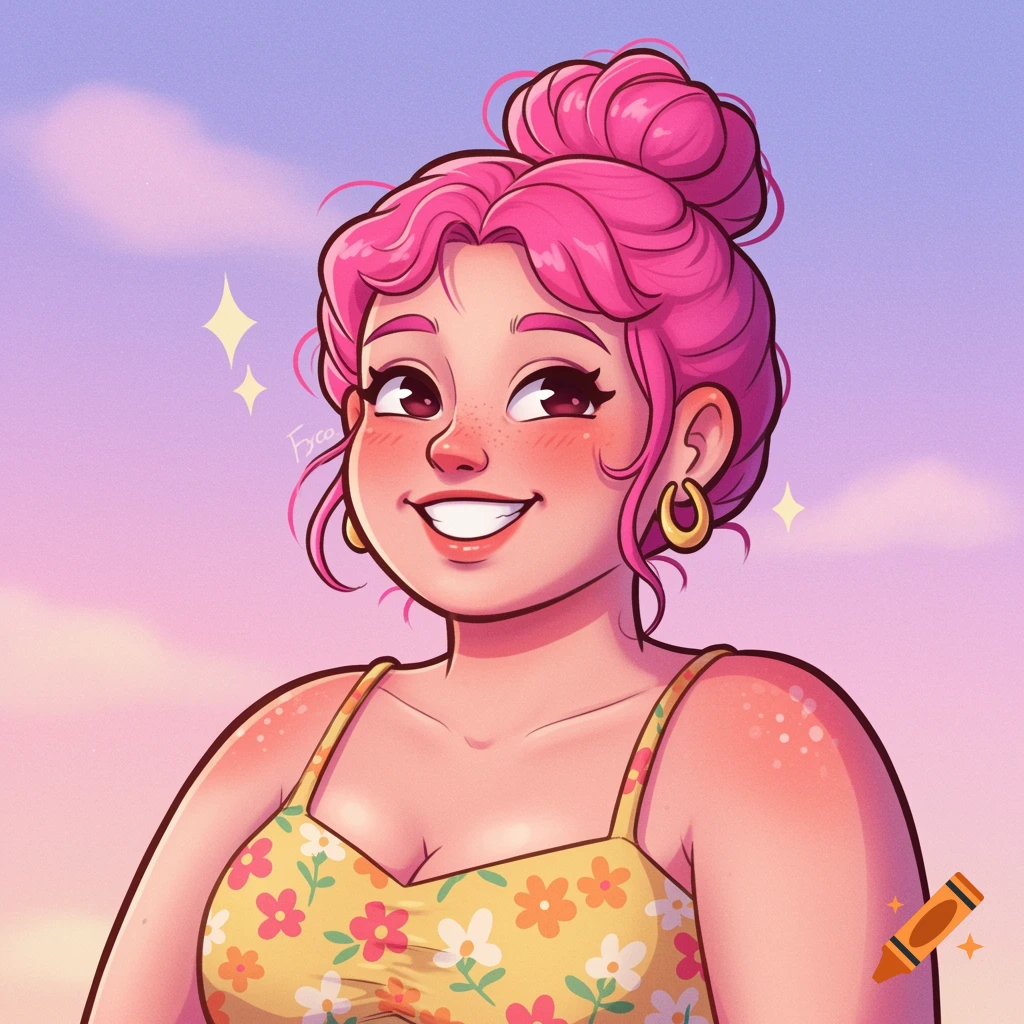 A plus-size girl with pink hair bun, wearing a yellow floral dress, smiling against a pastel sky in cartoon style.