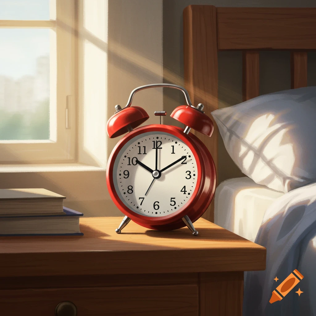 A red analog alarm clock on a wooden nightstand near a window with morning light.