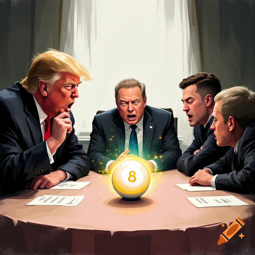 Political figures look at a glowing magic eight ball during a meeting.