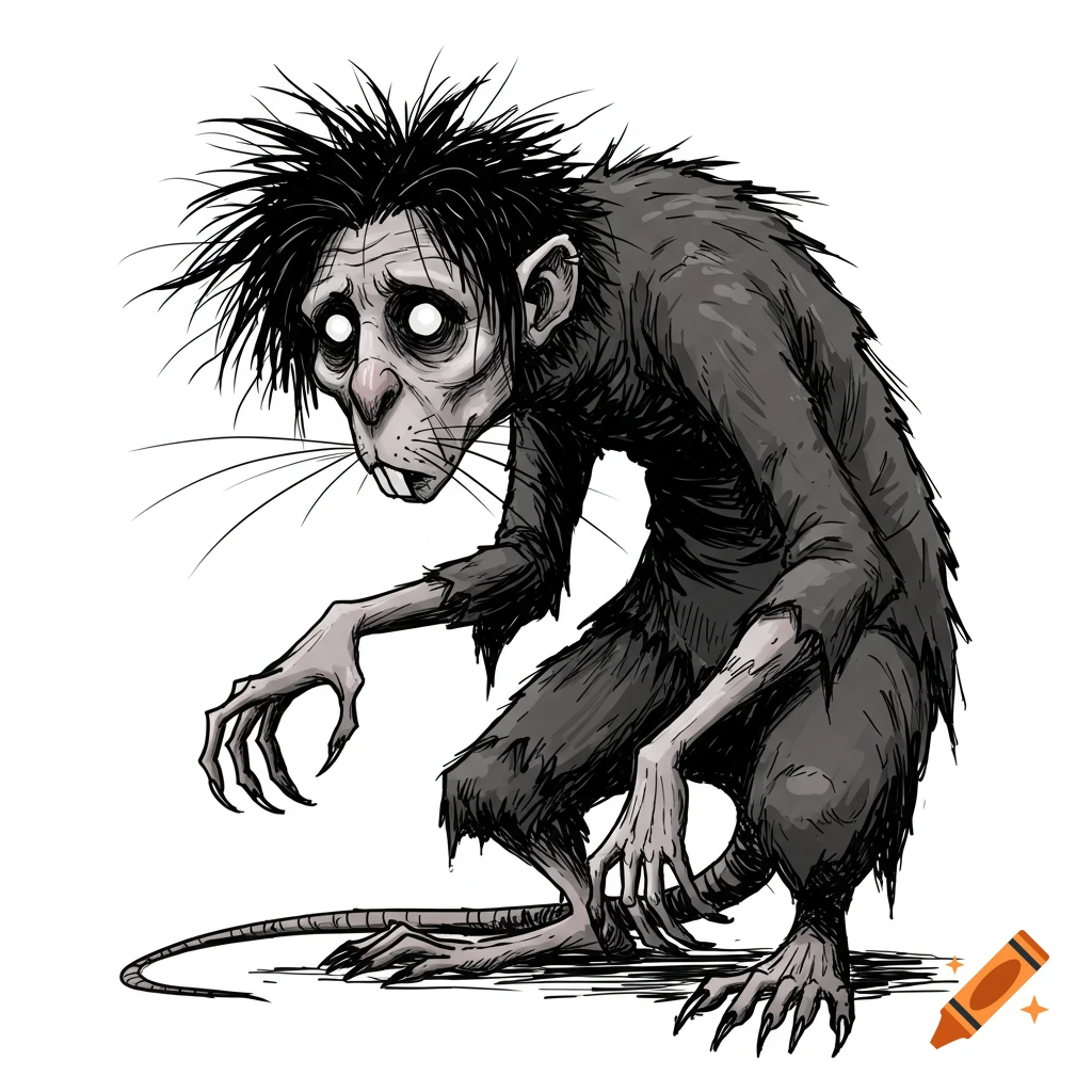 Sketch of a creepy rat-human creature with glowing eyes.