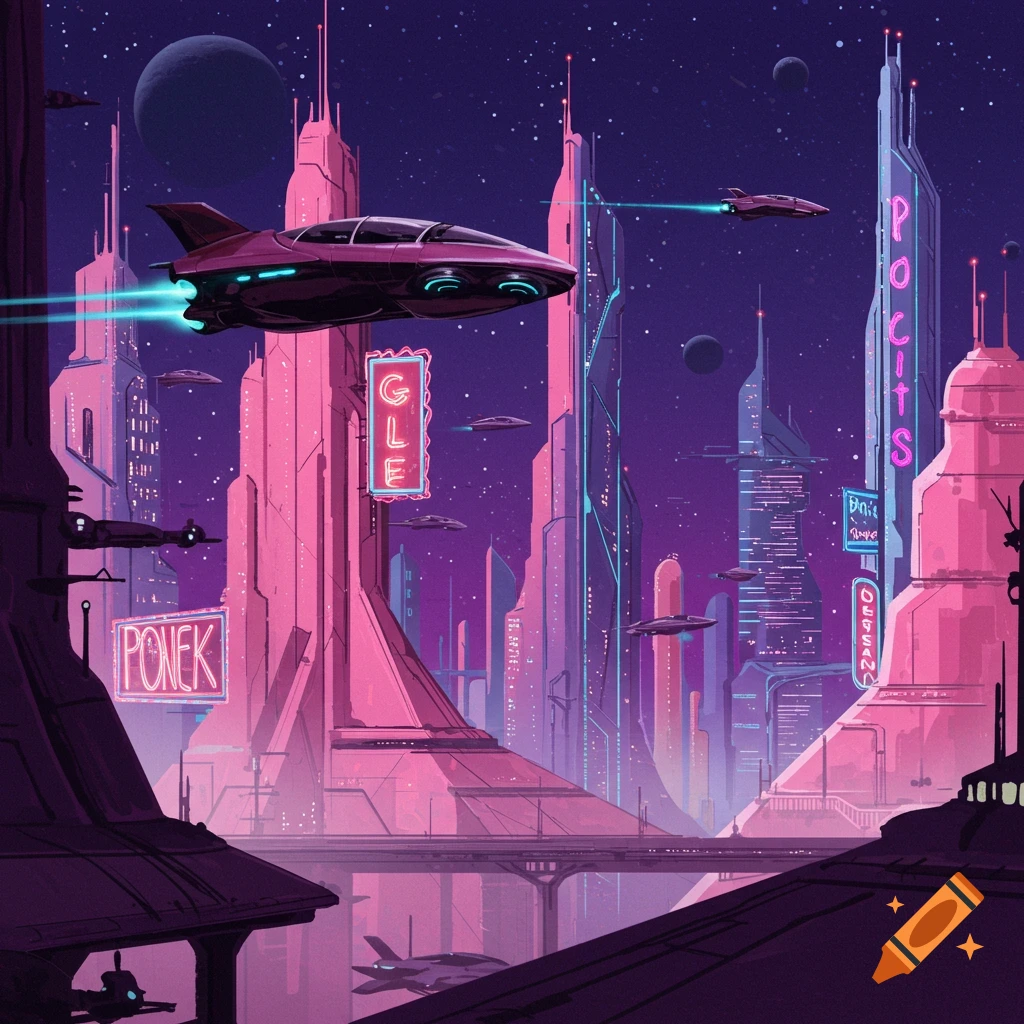 A futuristic city at night with tall pink and blue buildings, flying spaceships, and neon signs.