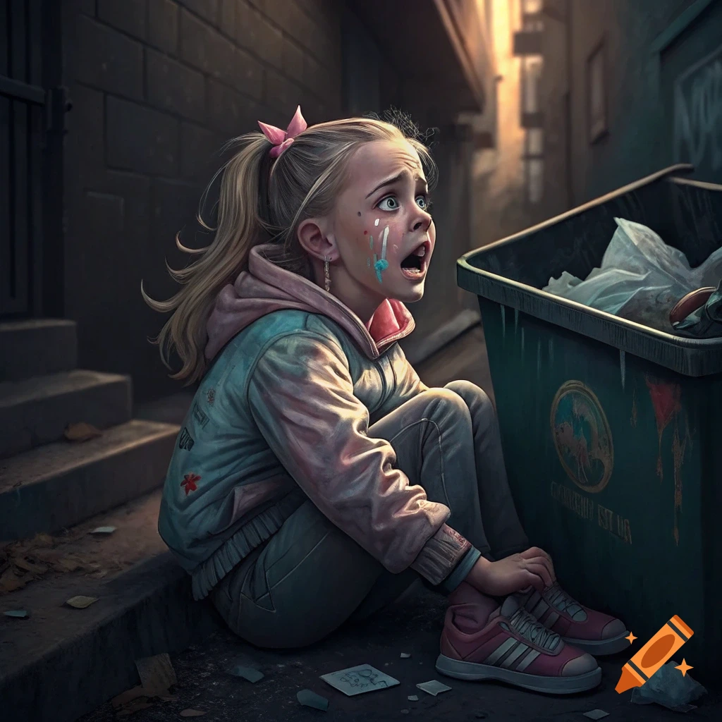 A crying young girl sits next to a dumpster in a gritty urban alley.