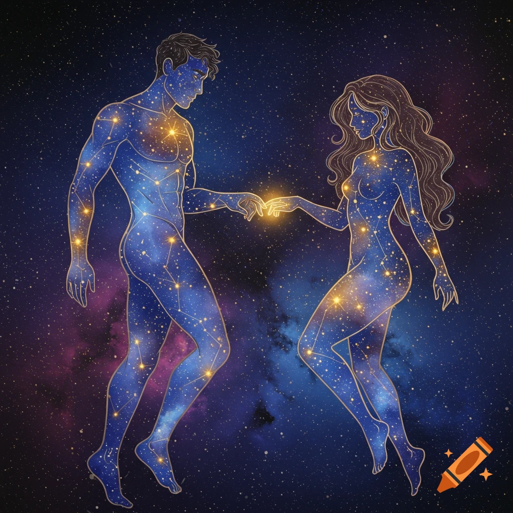 Two stylized figures made of constellations and stars touching hands against a cosmic background.