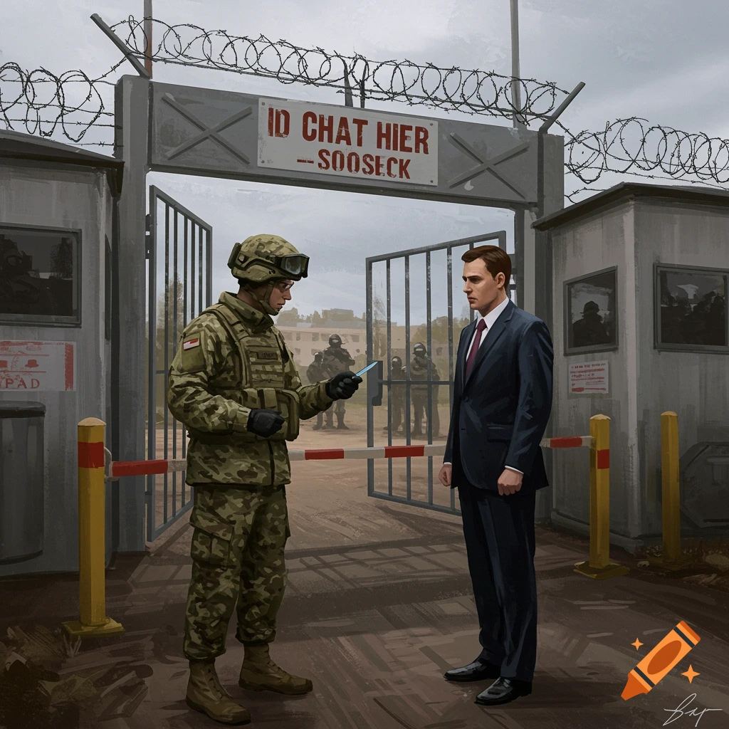 A soldier is checking a civilian's ID at a military base gate.