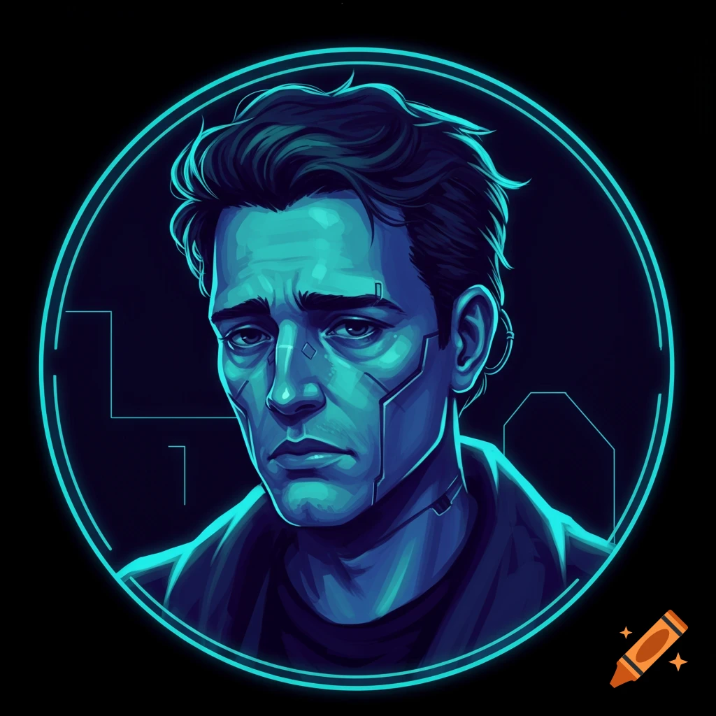A cyberpunk man's face is framed by a blue neon circle.