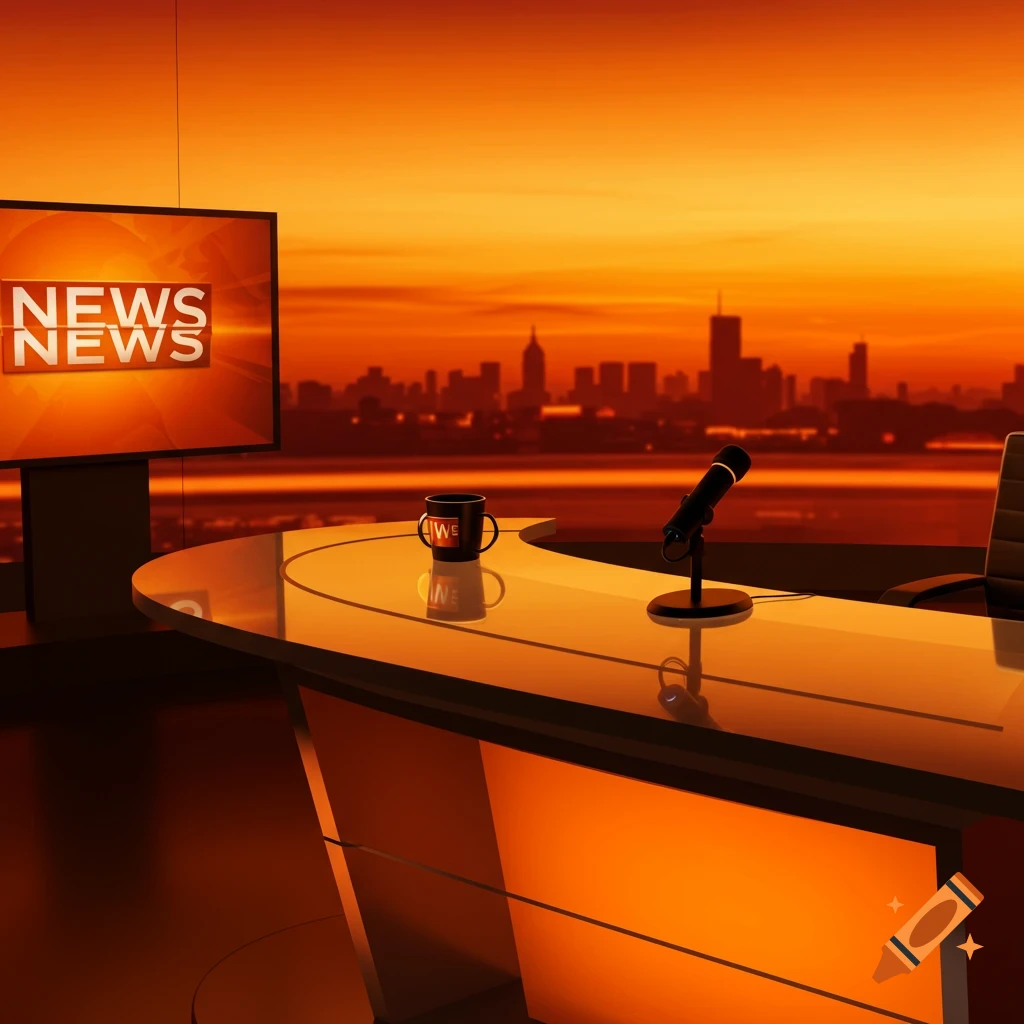 A news studio desk with a monitor, microphone, and mug, in front of an orange sunset sky with a city skyline silhouette.