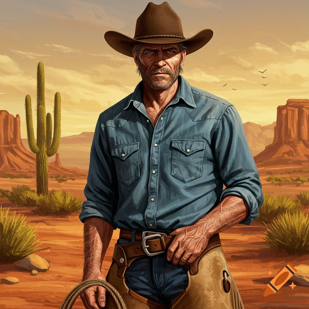 A cowboy in a desert landscape with a cactus.