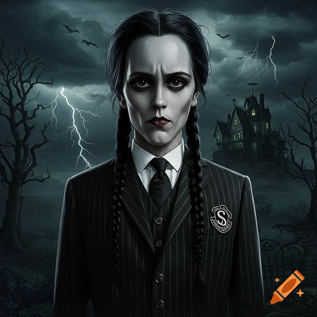 A character blending Wednesday and Lurch Addams in a gothic setting with lightning.