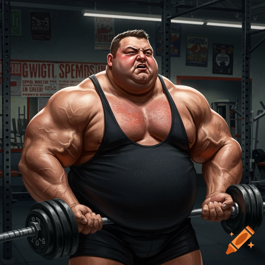 A large man with huge muscles lifting weights in a gym.