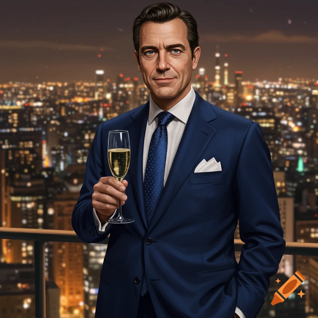 A man in a suit holds a champagne glass on a balcony overlooking a city skyline at night.