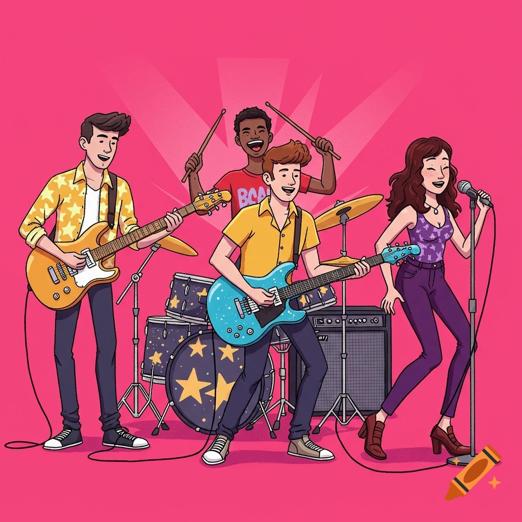 Cartoon illustration of a four-member band playing instruments on a pink background.