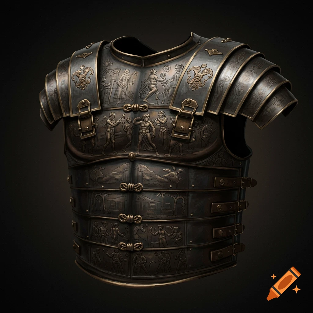 Detailed view of dark metal Roman banded armor with engraved scenes on a black background.