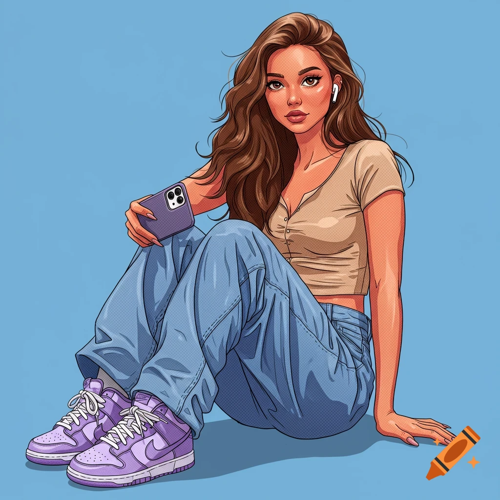 Illustration of a girl sitting, wearing a crop top, baggy jeans, purple sneakers, holding a phone and wearing AirPods.