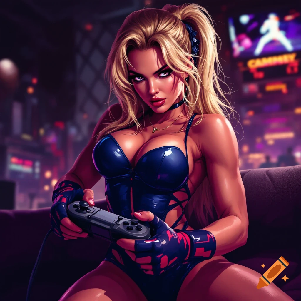 A woman resembling Cammy from Street Fighter holds a game controller.