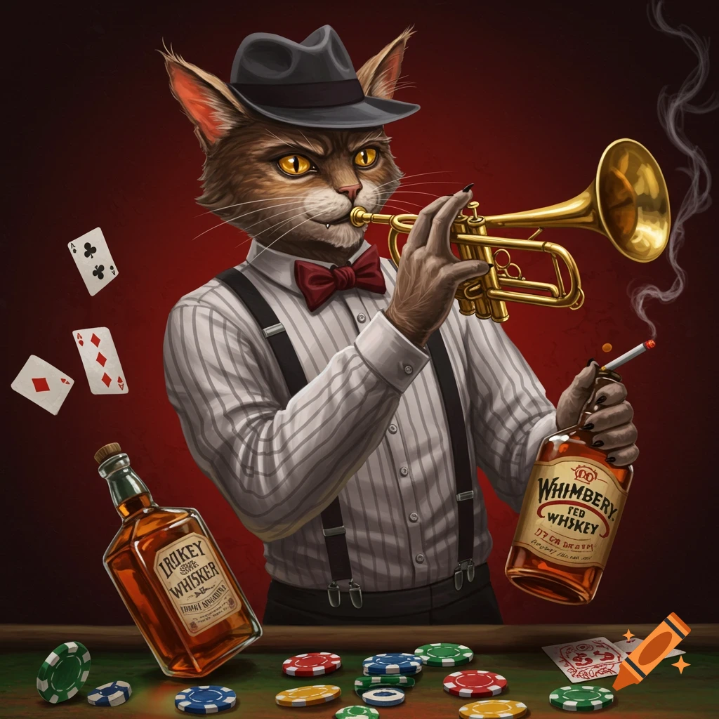 An anthropomorphic cat in a suit is playing a trumpet, with poker chips, cards, whiskey, and a cigarette surrounding them.