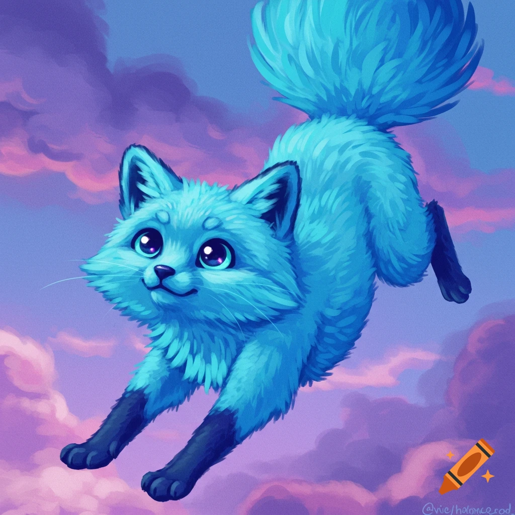 A fluffy blue creature jumping among pink and purple clouds.
