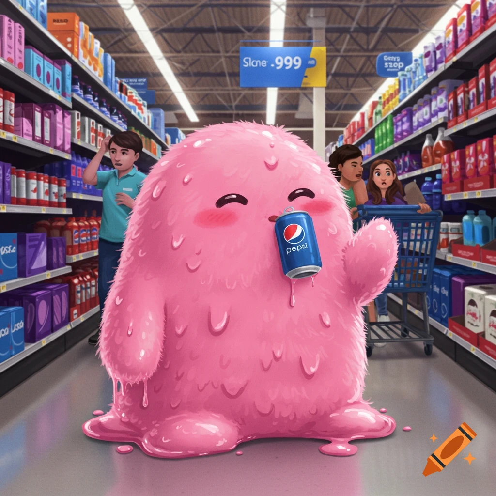 A cute pink blob monster (SCP-999) sips Pepsi in a Walmart aisle with shoppers nearby.