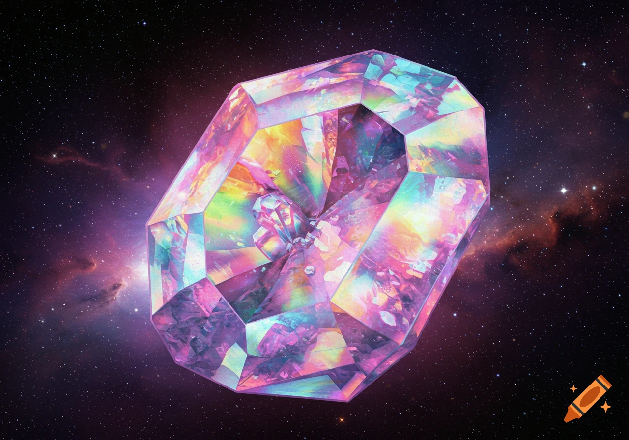 A large, iridescent gemstone floating in space.
