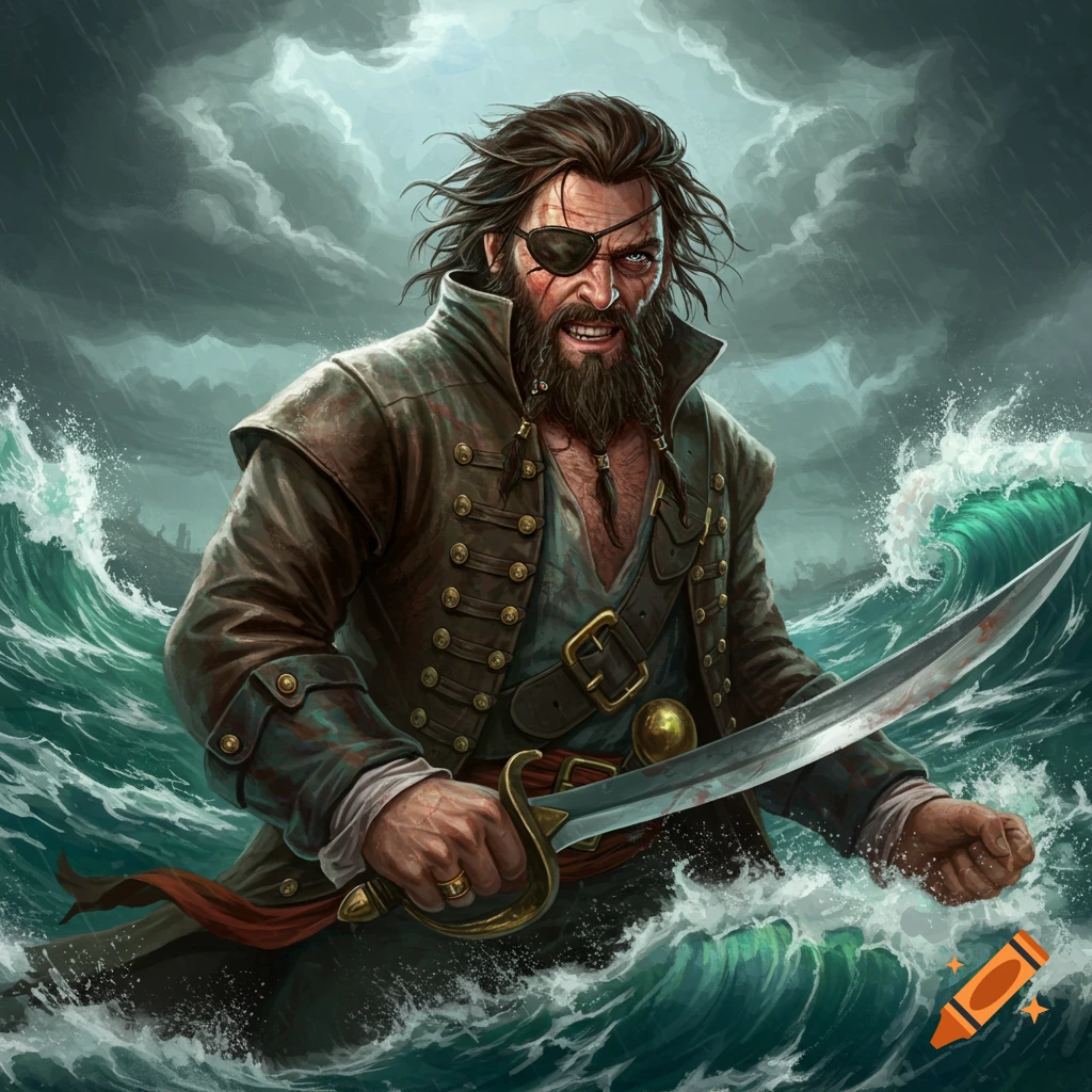 A scowling pirate with an eyepatch and cutlass stands in stormy seas.