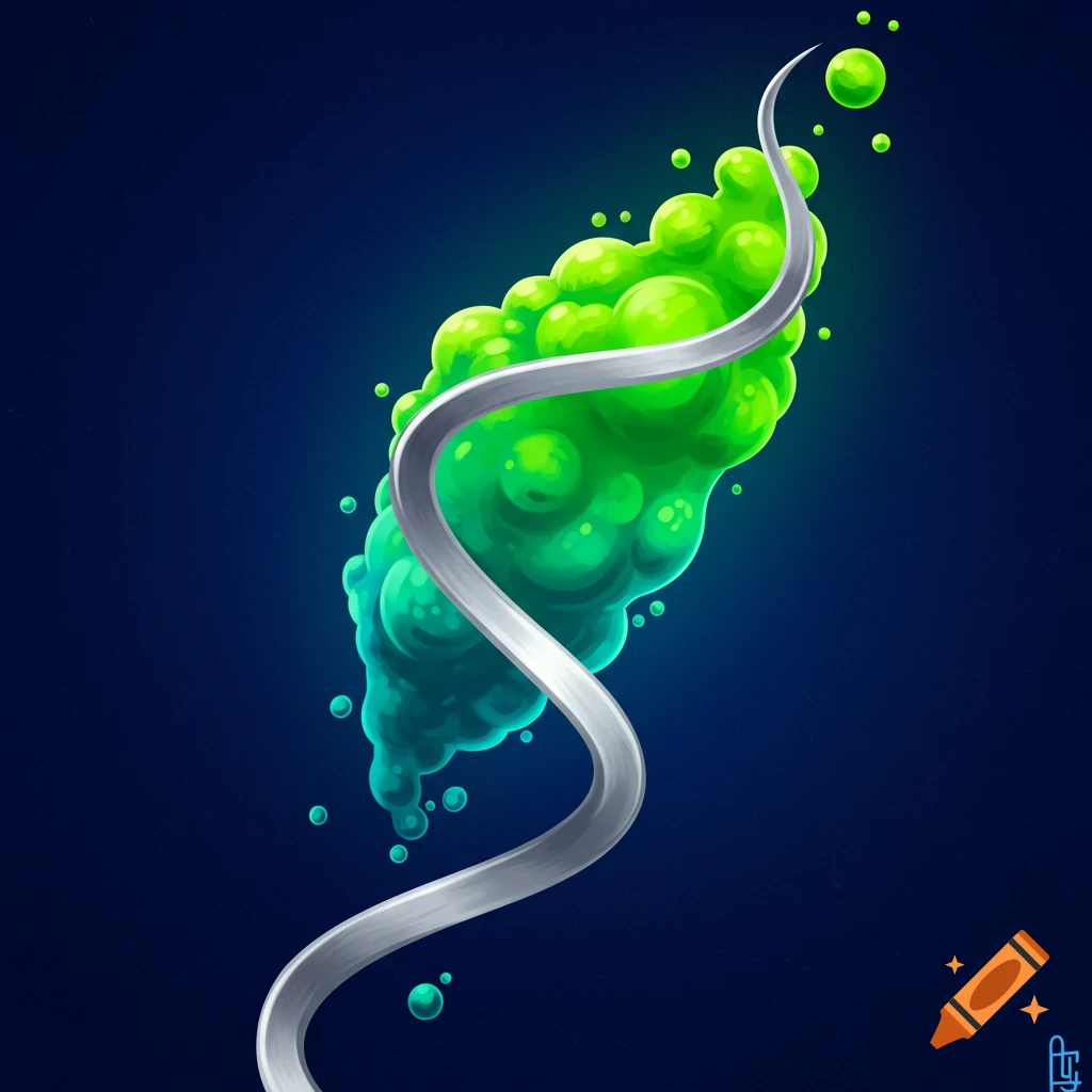A bright green bubbling mass and a silver line on a dark blue background