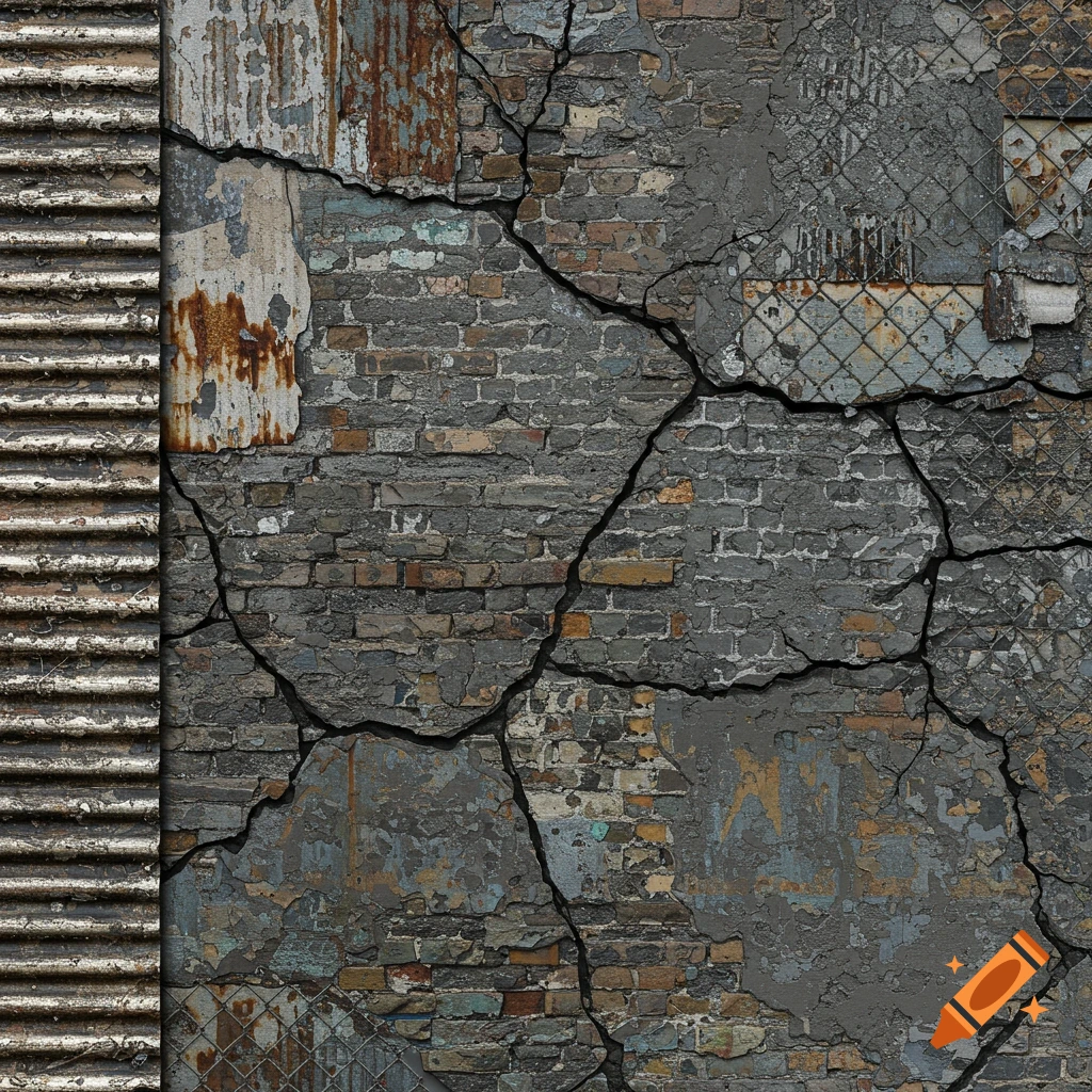 Detailed urban texture of cracked wall, brick, corrugated metal, and fence