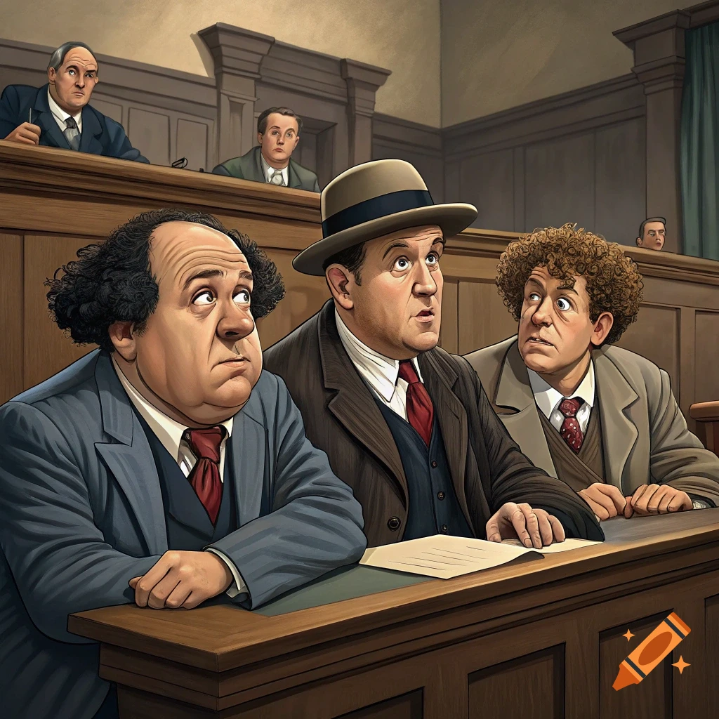 Three cartoonish men resembling the Three Stooges sitting at a table in a courtroom.