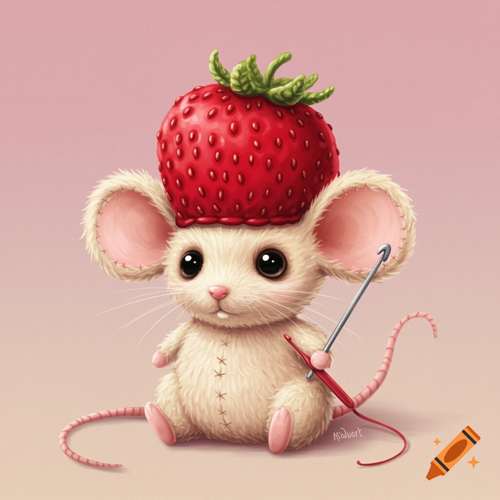Cute cartoon crocheted mouse wearing a strawberry hat, holding a crochet needle.