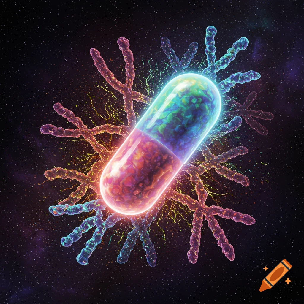 A glowing multi-colored capsule surrounded by abstract bio-luminescent structures in a starry space background.