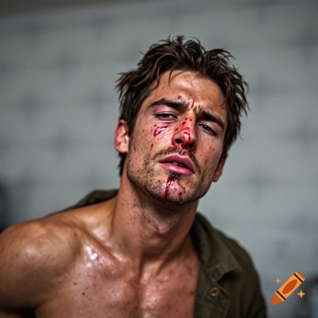 Close-up photorealistic portrait of a man with a bloody nose and face.