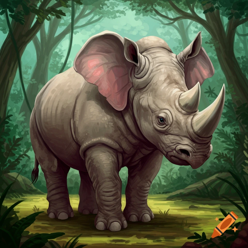 A creature blending characteristics of an elephant and a rhinoceros standing in a jungle.