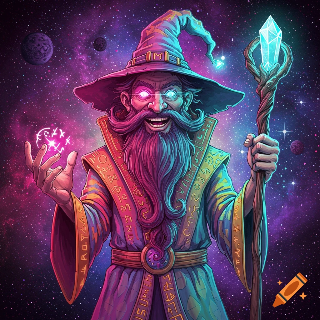 Psychedelic wizard casting magic in space holding a staff with a crystal.