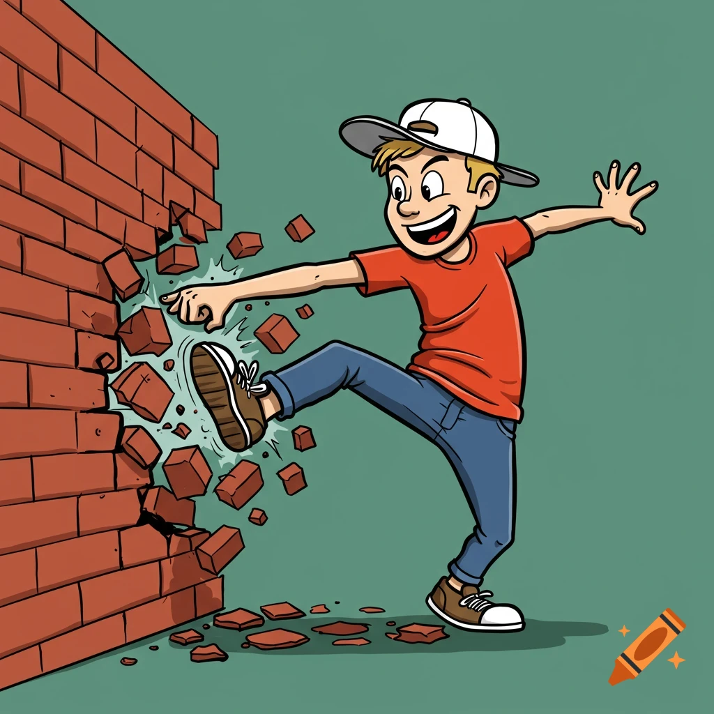 Cartoon boy in a cap kicks and breaks a brick wall