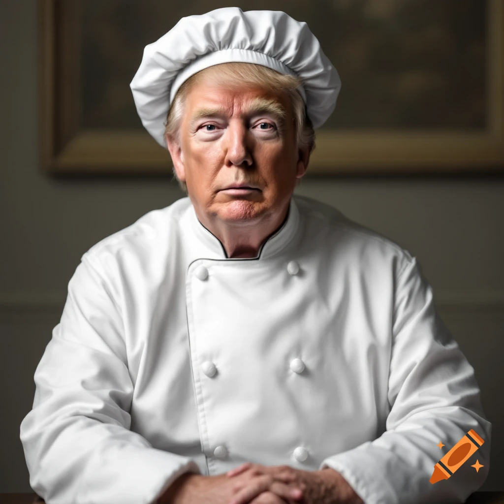 Photorealistic portrait of Donald Trump wearing a white chef's hat and coat.