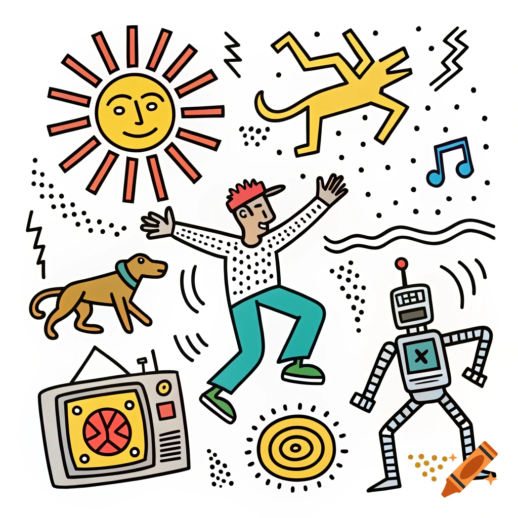 A colorful Keith Haring style illustration with a dancing person, dog, sun, robot, and abstract symbols.
