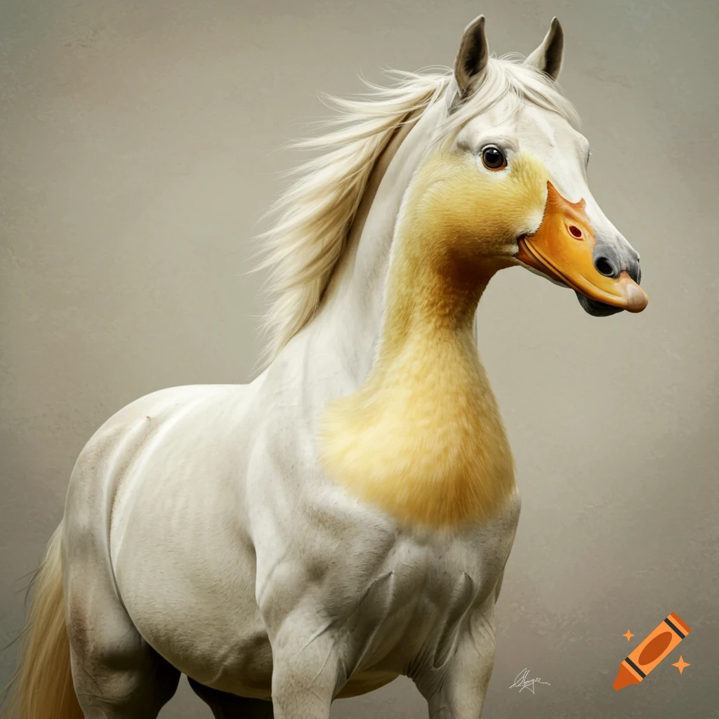 Creature with a white horse body and a yellow duck neck and duck head.
