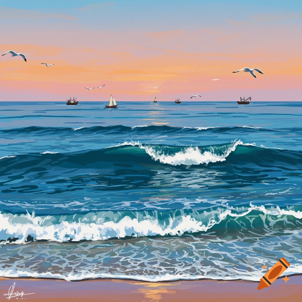 Seascape at sunset with waves, boats, birds, and a beach.
