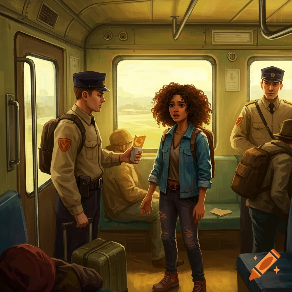 A young woman talks to a guard offering food on a train.