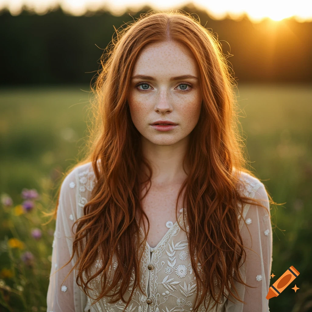 Photorealistic portrait of a woman with red hair and freckles in a field at sunset.