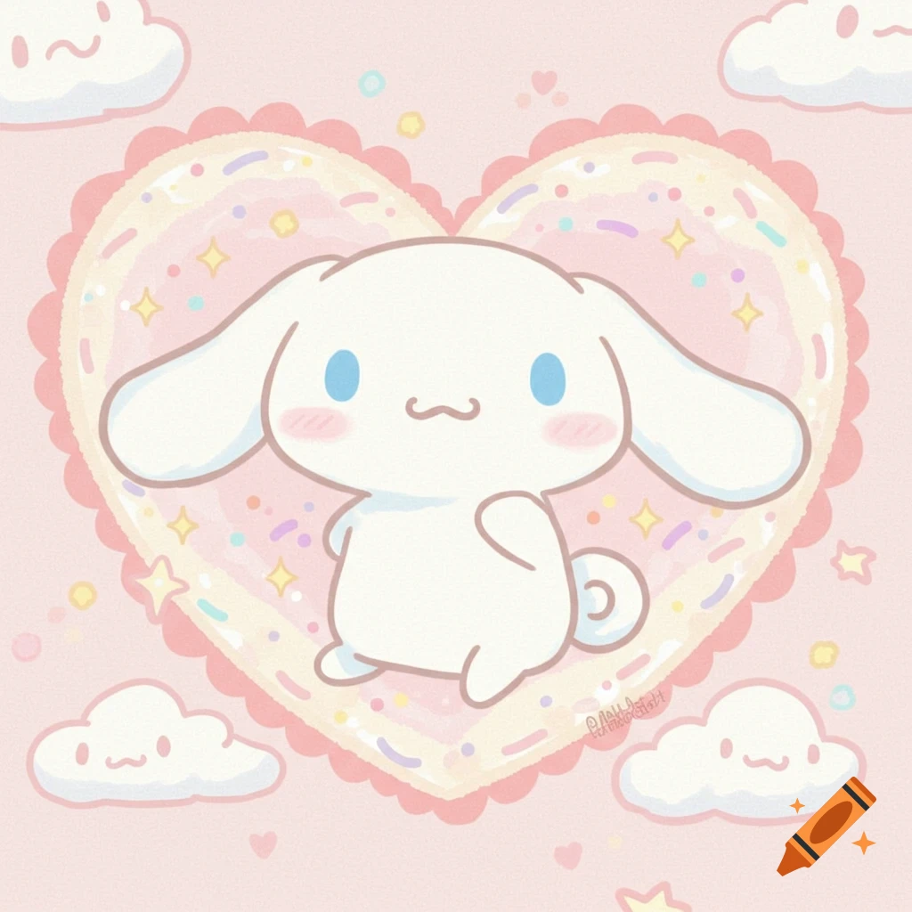 Cute white cartoon character on a heart-shaped cookie surrounded by clouds on a pink background