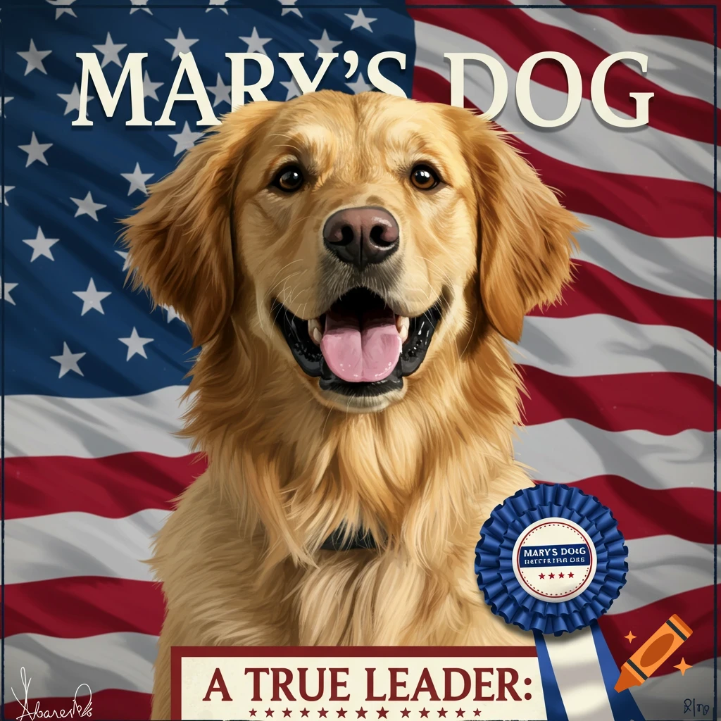 A golden retriever smiling in front of an American flag, designed as a political poster with text 'Mary's Dog: A True Leader'.