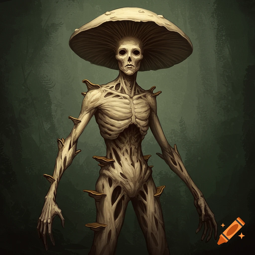 A skeletal fungus creature with a mushroom cap head stands in a forest.