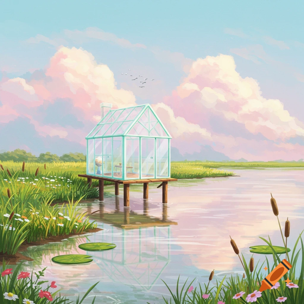 A glass house on stilts over a lake, surrounded by tall grass and flowers under a cloudy sky.