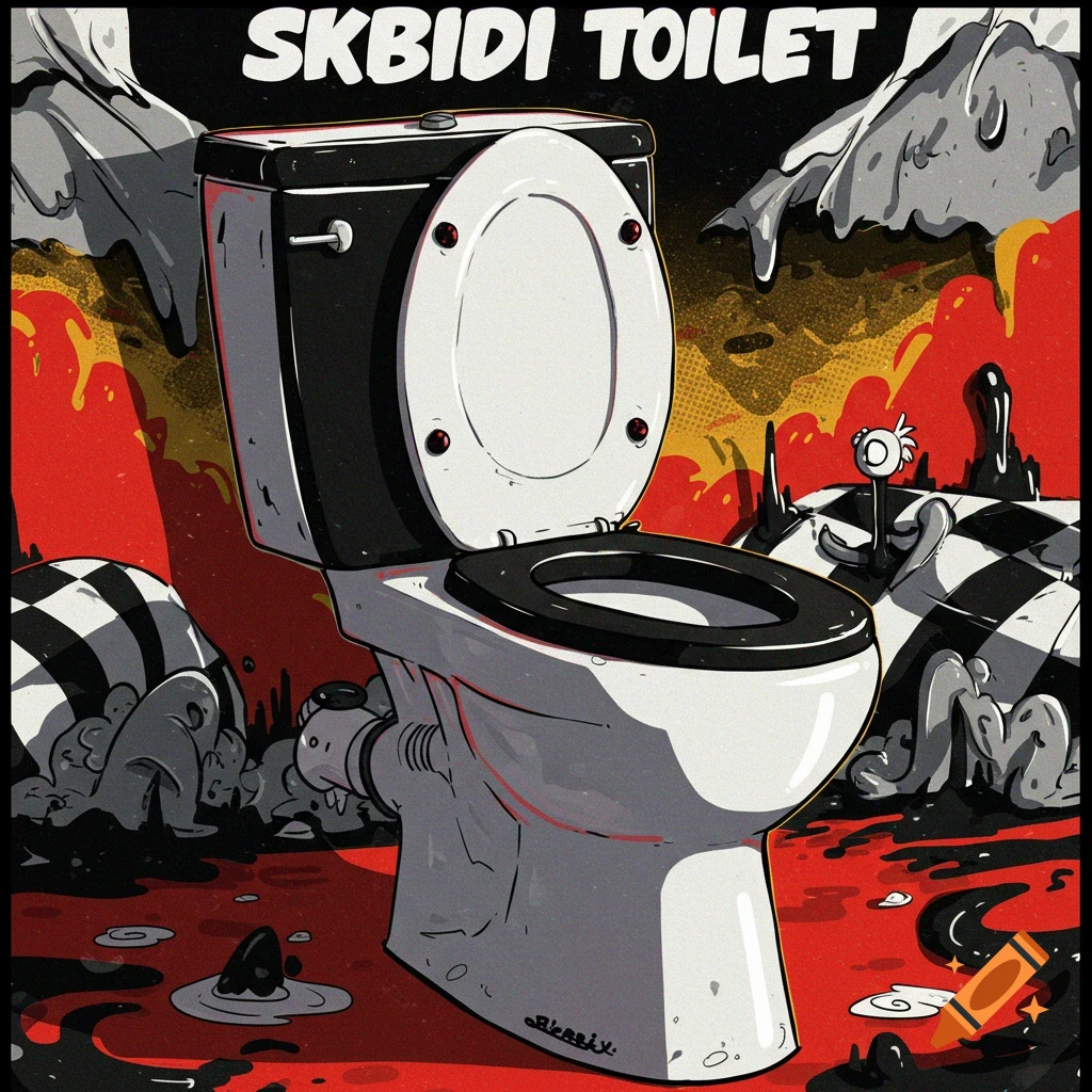 A Skibidi Toilet is depicted with title text, surrounded by blobby figures and a chaotic background.