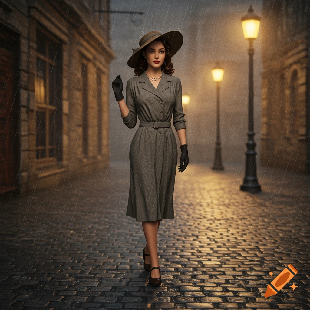 A woman in 1940s fashion walks down a rainy cobblestone street at night.