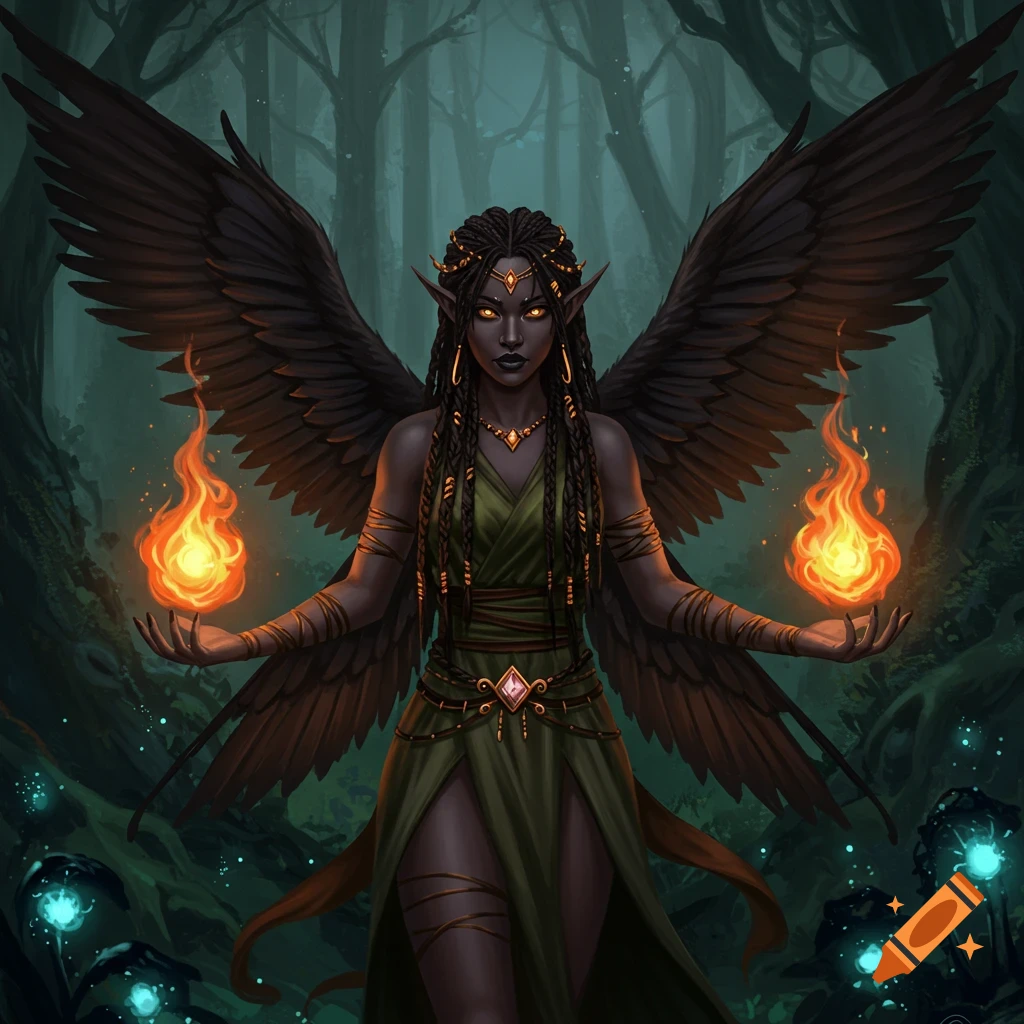 A dark fairy with large black wings holds fireballs in a dark forest.