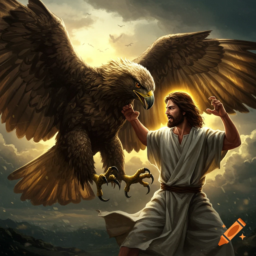 A majestic scene unfolds in a cloudy sky as Jesus, bathed in the glow of a halo, engages in a struggle with a colossal eagle.
