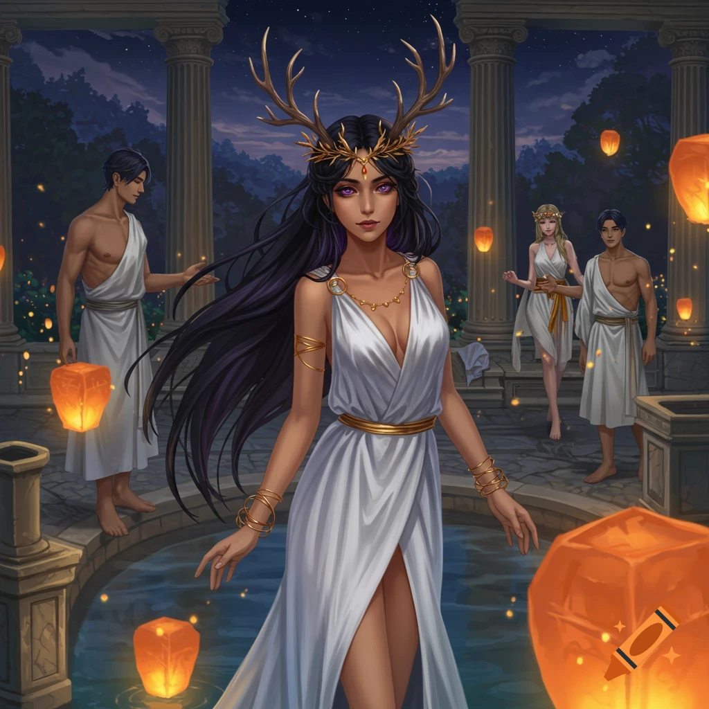 Anime style image of a goddess with antler crown and attendants in a Roman temple garden at night with floating lanterns.