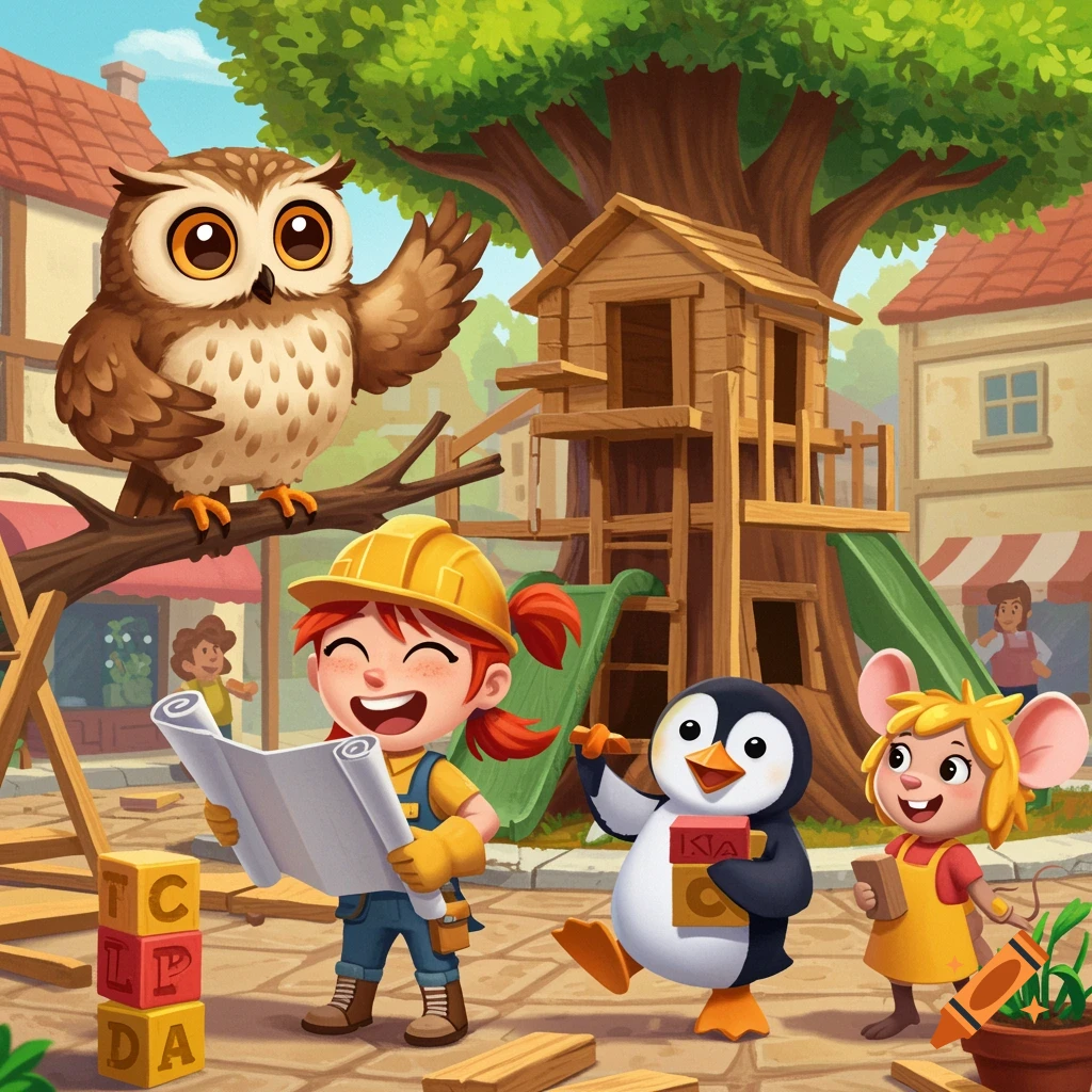 Cartoon owl, girl engineer, penguin, and mouse building a treehouse playground.